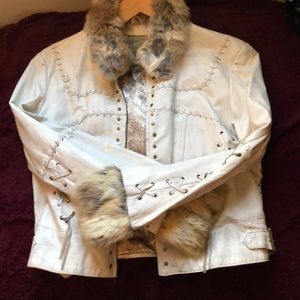 White w/gold flecks and rabbit fur Miri jacket